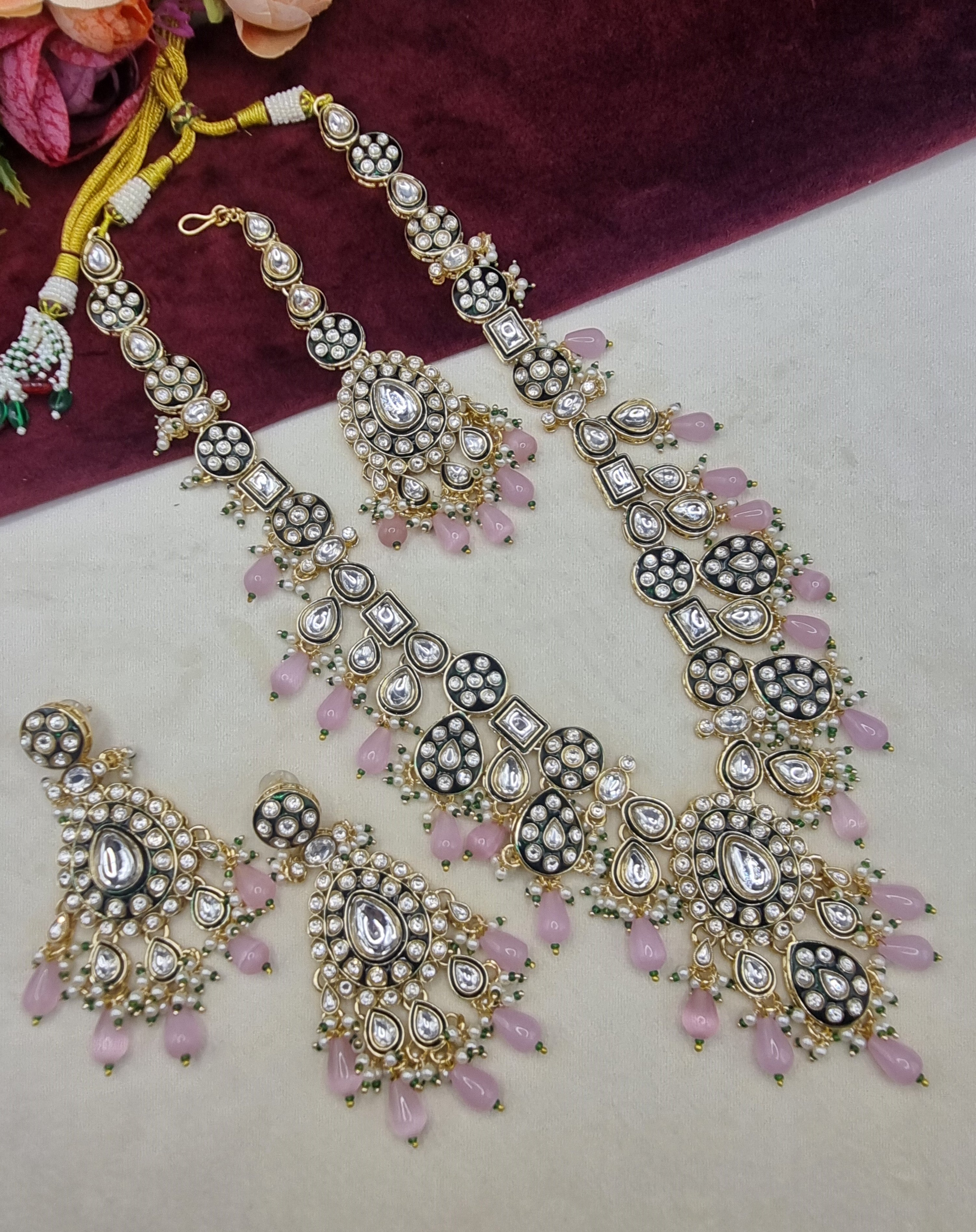 Long Kundan Haar Set with Earrings & Maang Tikka